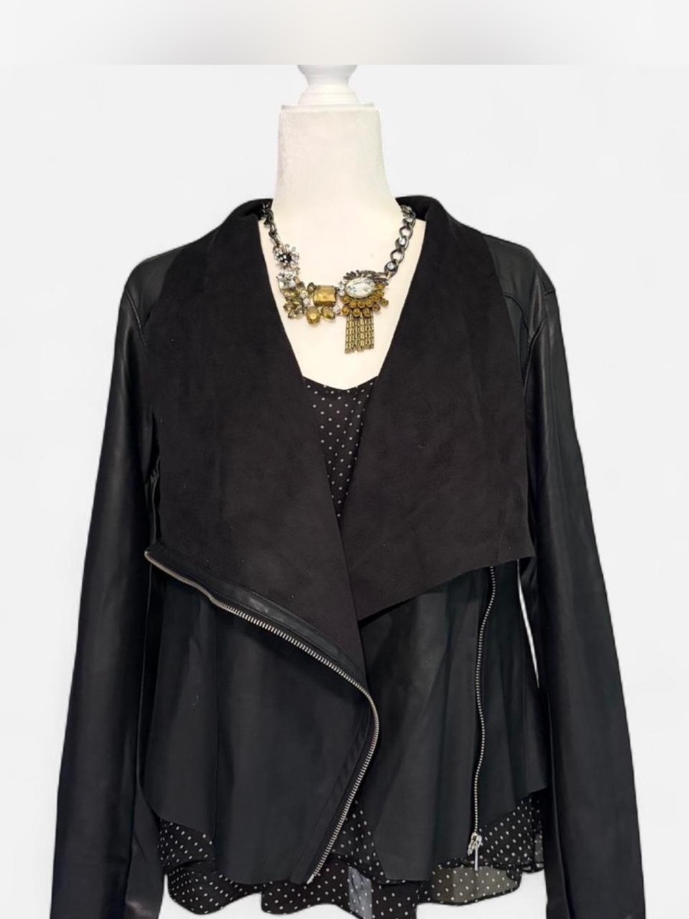 BLANKNYC Faux Leather Mixed Media Moto Jacket Black Waterfall Zip Large